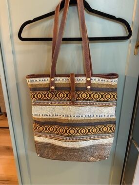 Myra Bag Woven Pattern Tote Bag with Leather Trim - Brown